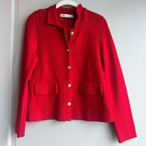 Zara Bright Red Knit Button-Front Blazer